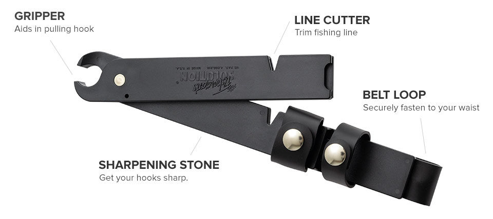 Features a gripper, line cutter, belt loop and sharpening stone.