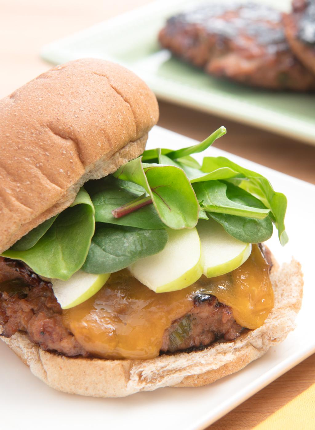 Barbecue Chicken Burgers with Cheddar, Apple and Microgreens