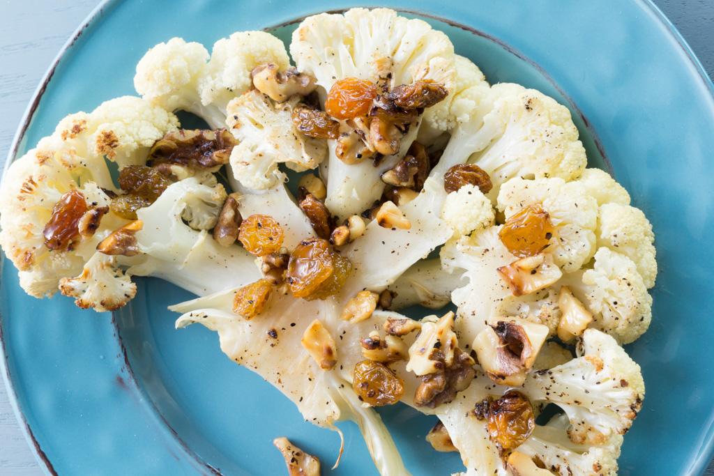 Cauliflower Steaks With Walnut and Raisin Sauce