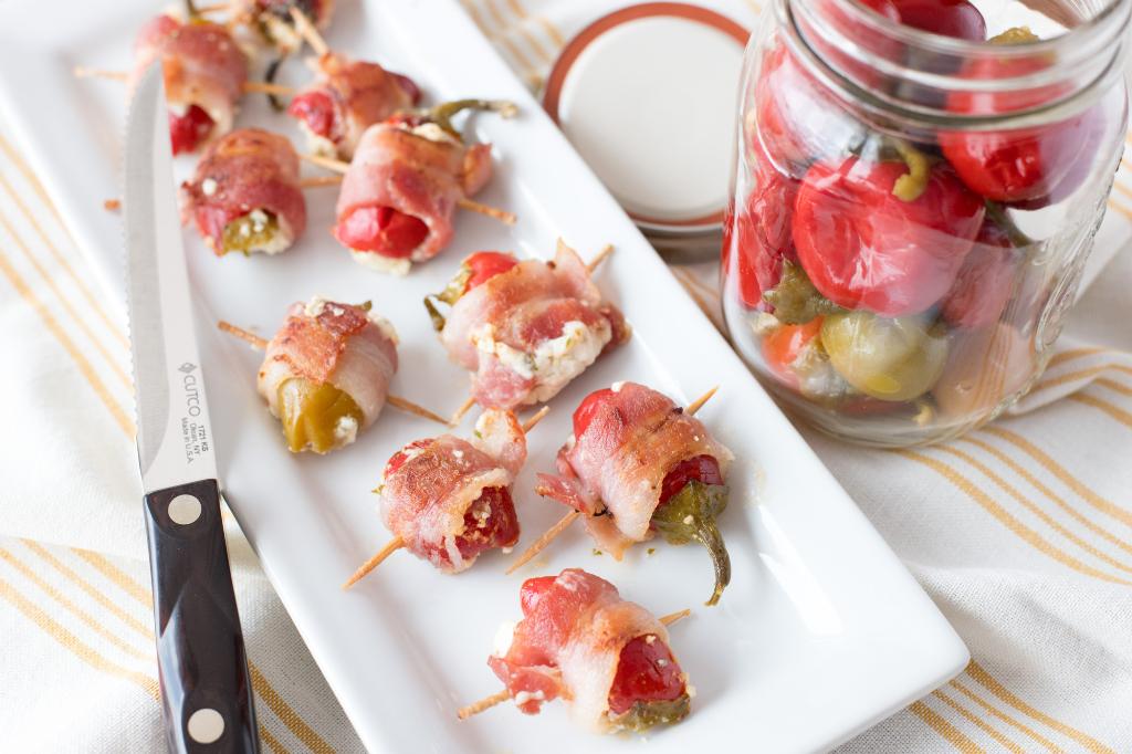 Cheese Stuffed Cherry Peppers Wrapped in Bacon
