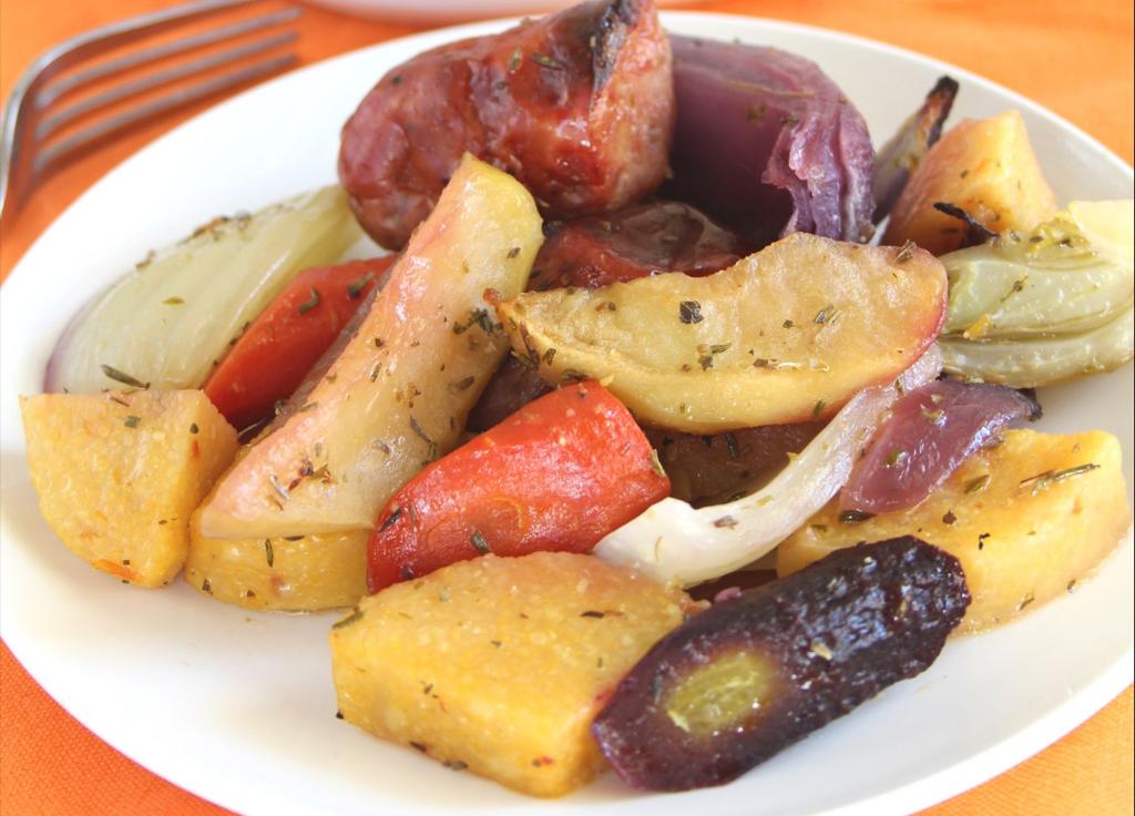 Polenta, Sausage, Roots and Fruits Bake