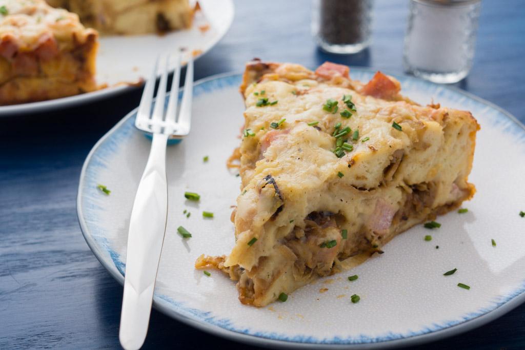 Breakfast for Dinner: Onion, Ham and Provolone Bread Pudding