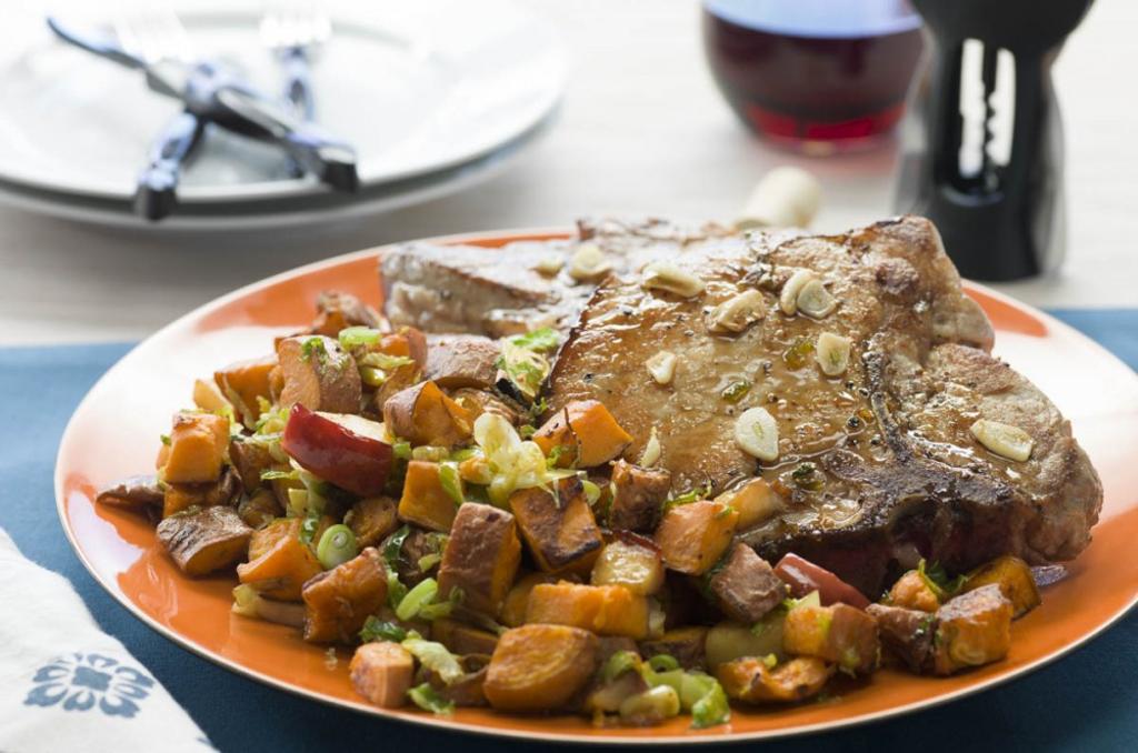 Garlic Honey Pork Chops With Sweet Potato Hash