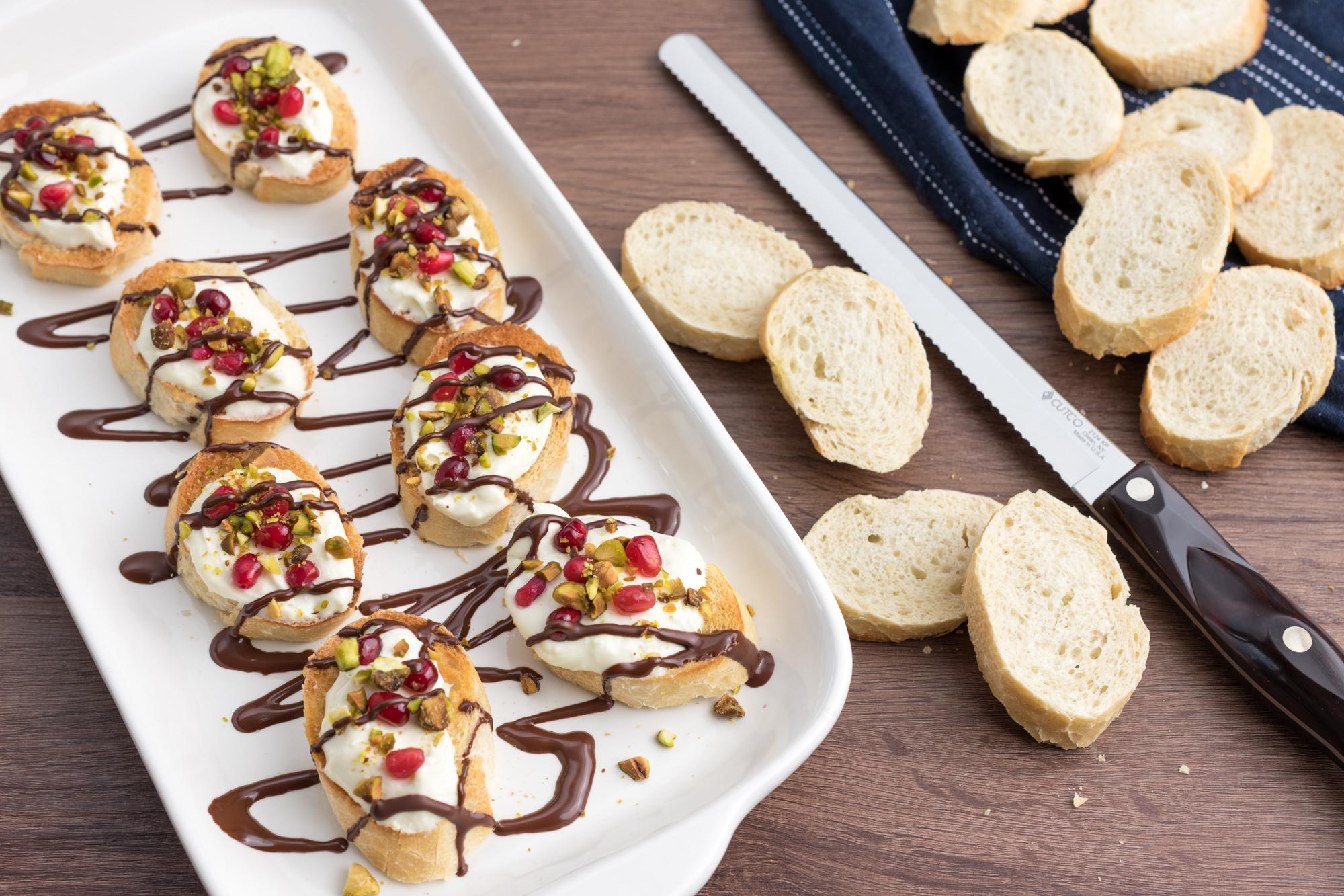 Pomegranate, Pistachio and Dark Chocolate Crostini