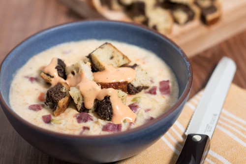 Reuben Soup With Rye Croutons