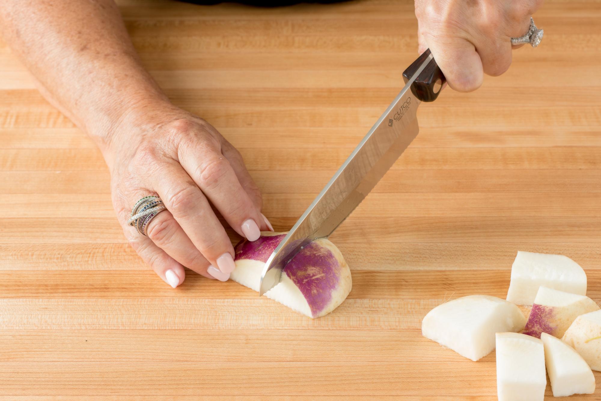 A 2 part image showing peeled turnips being sliced on a mandoline