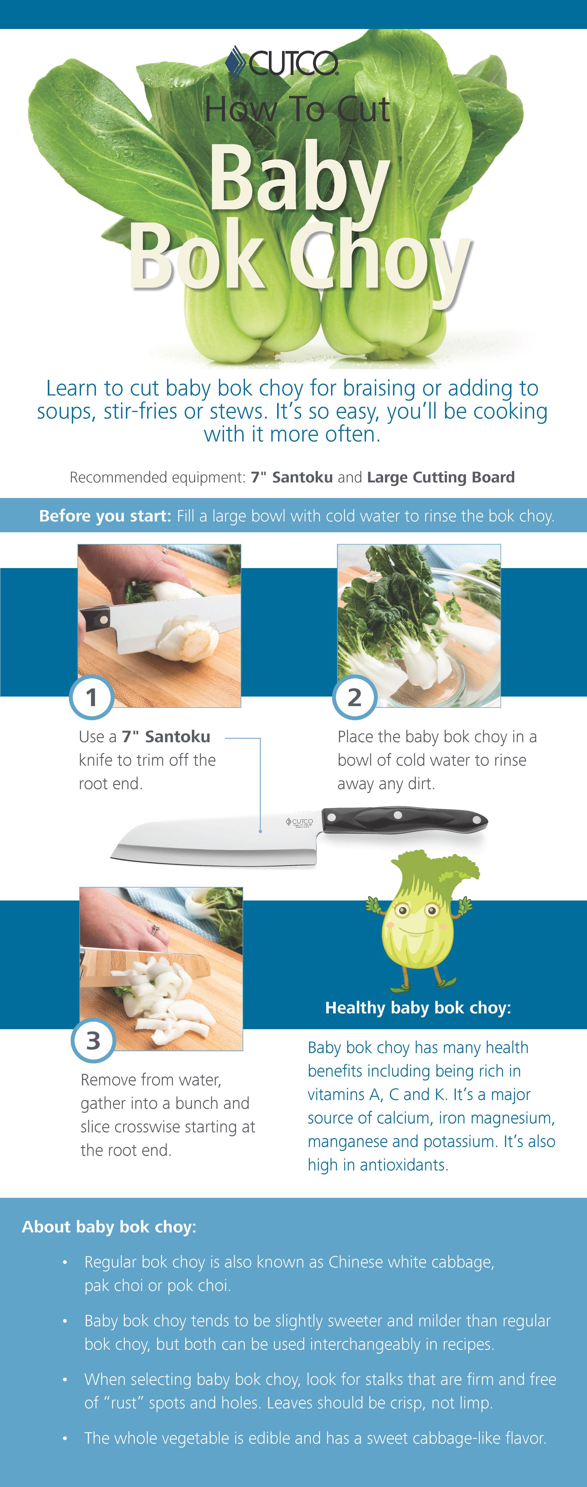 Infographic on how to cut Baby Bok Choy with a 7 inch santoku.