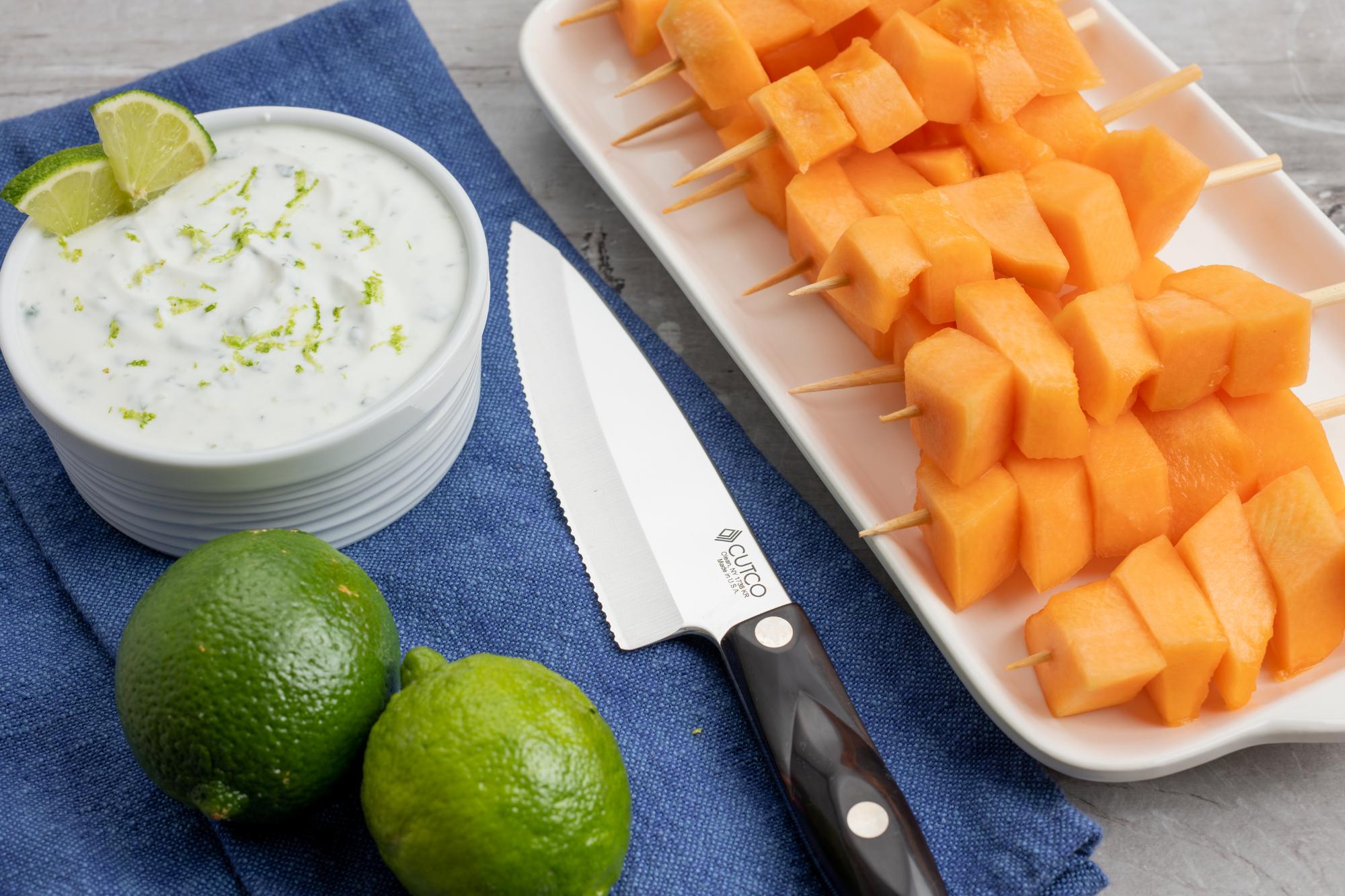 Cantaloupe Skewers With Mint Lime Yogurt Sauce