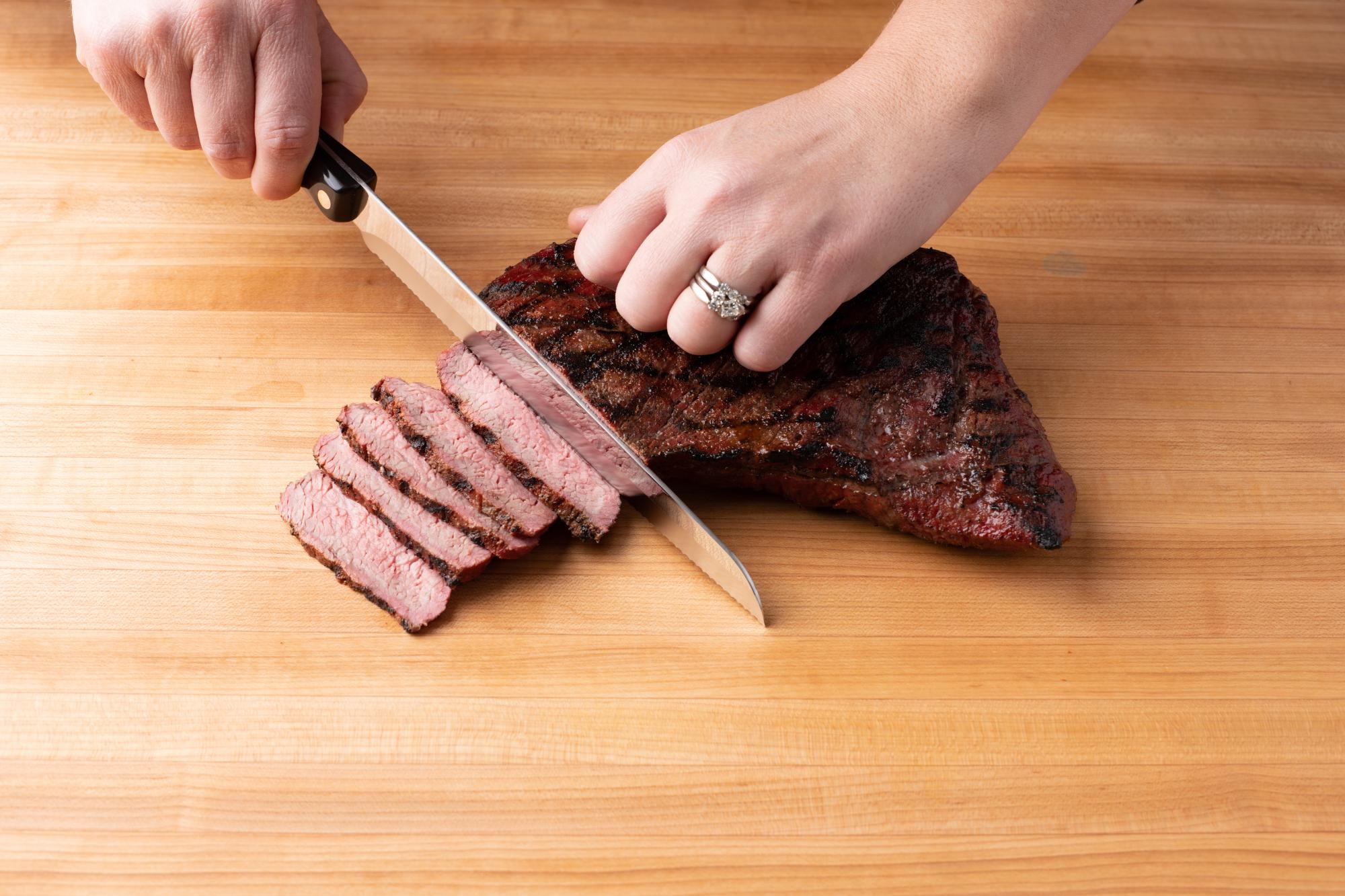 Santoku Style Carver is used to evenly slice the tri-tip