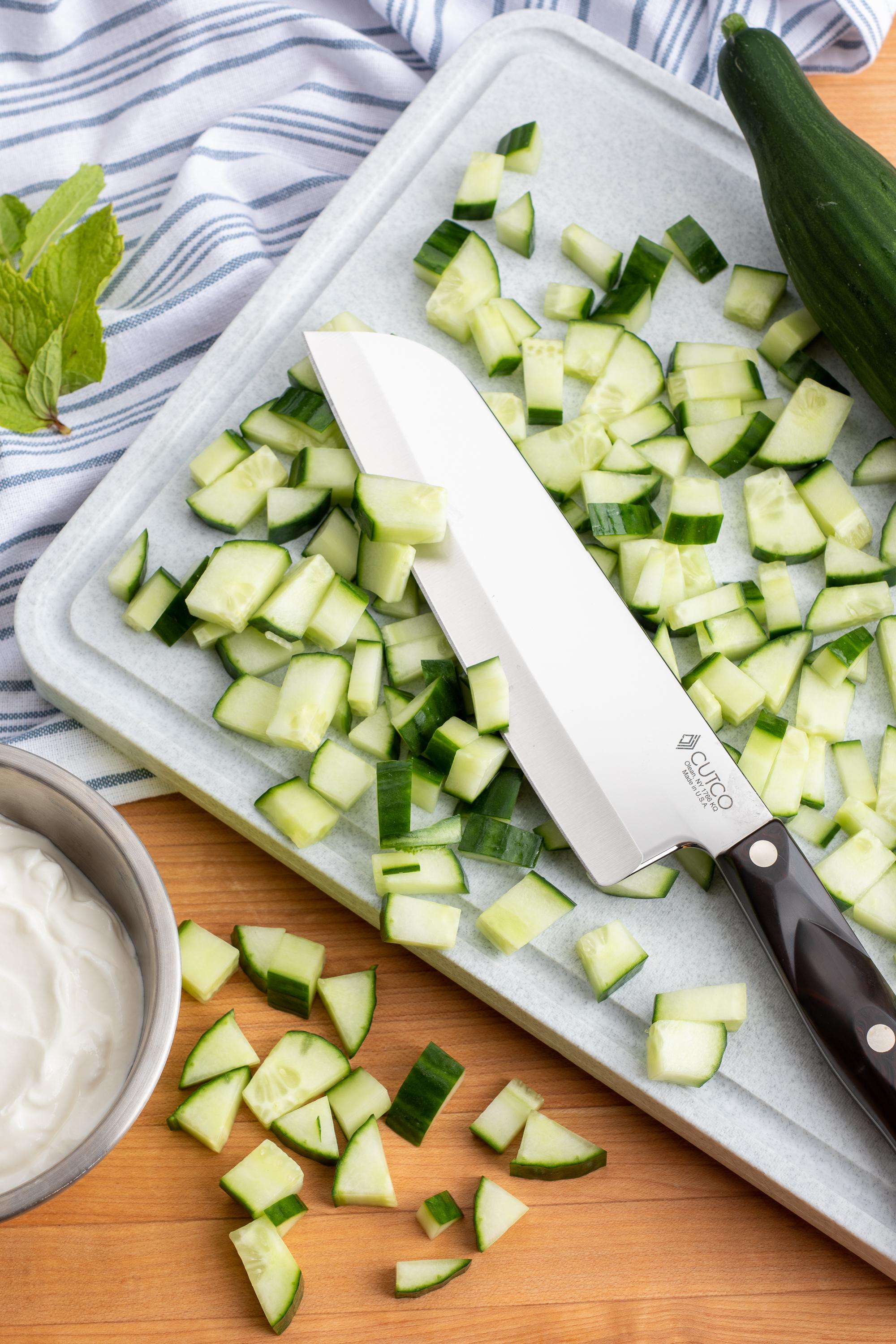 Diced up Cucumber with a 7 Inch Santoku.