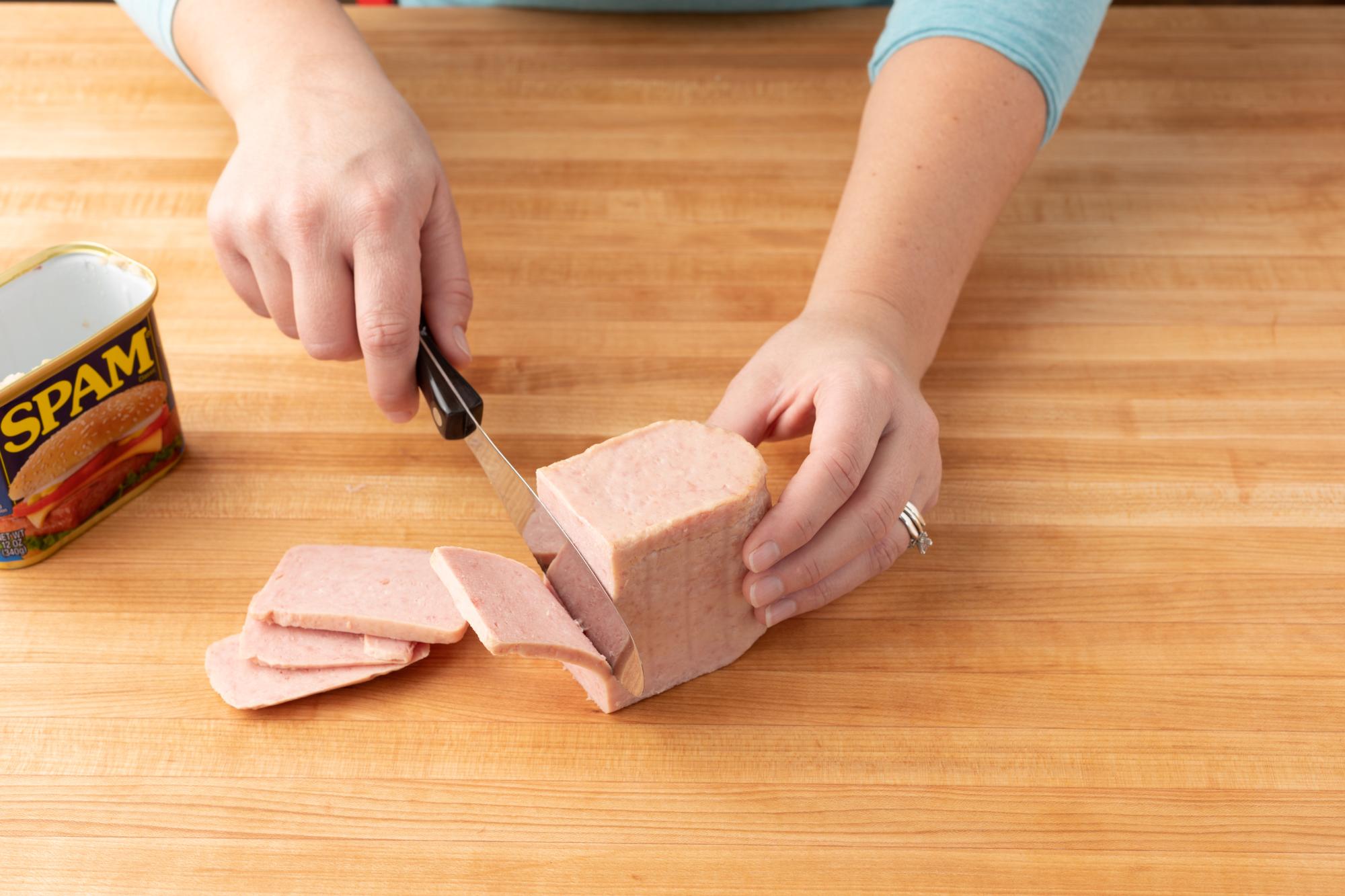 Spatula Spreader being used to slice the SPAM.