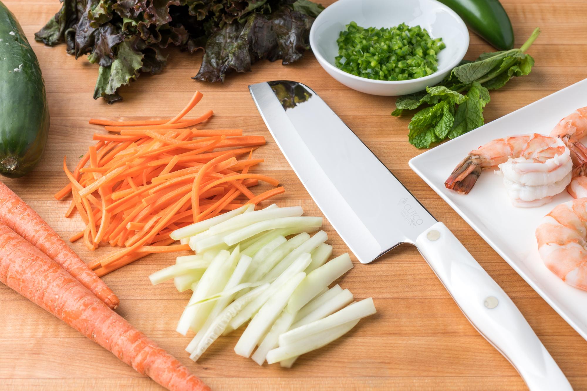 Santoku used to prep the shrimp spring rolls.