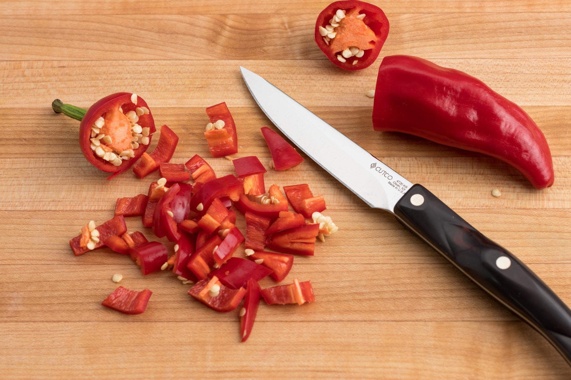 4-Inch Gourmet Paring knife and diced peppers