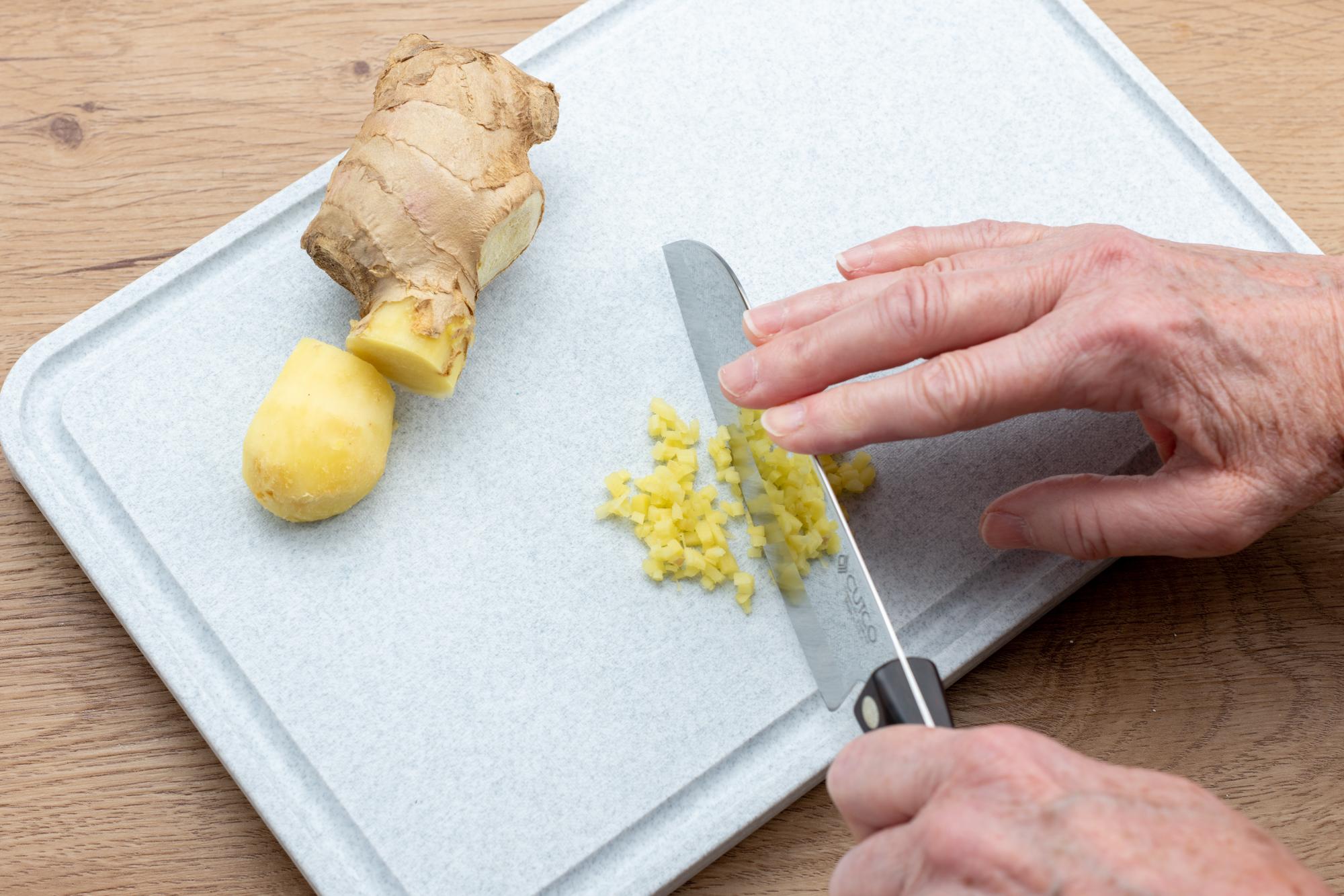 Petite Santoku used to mince the ginger.