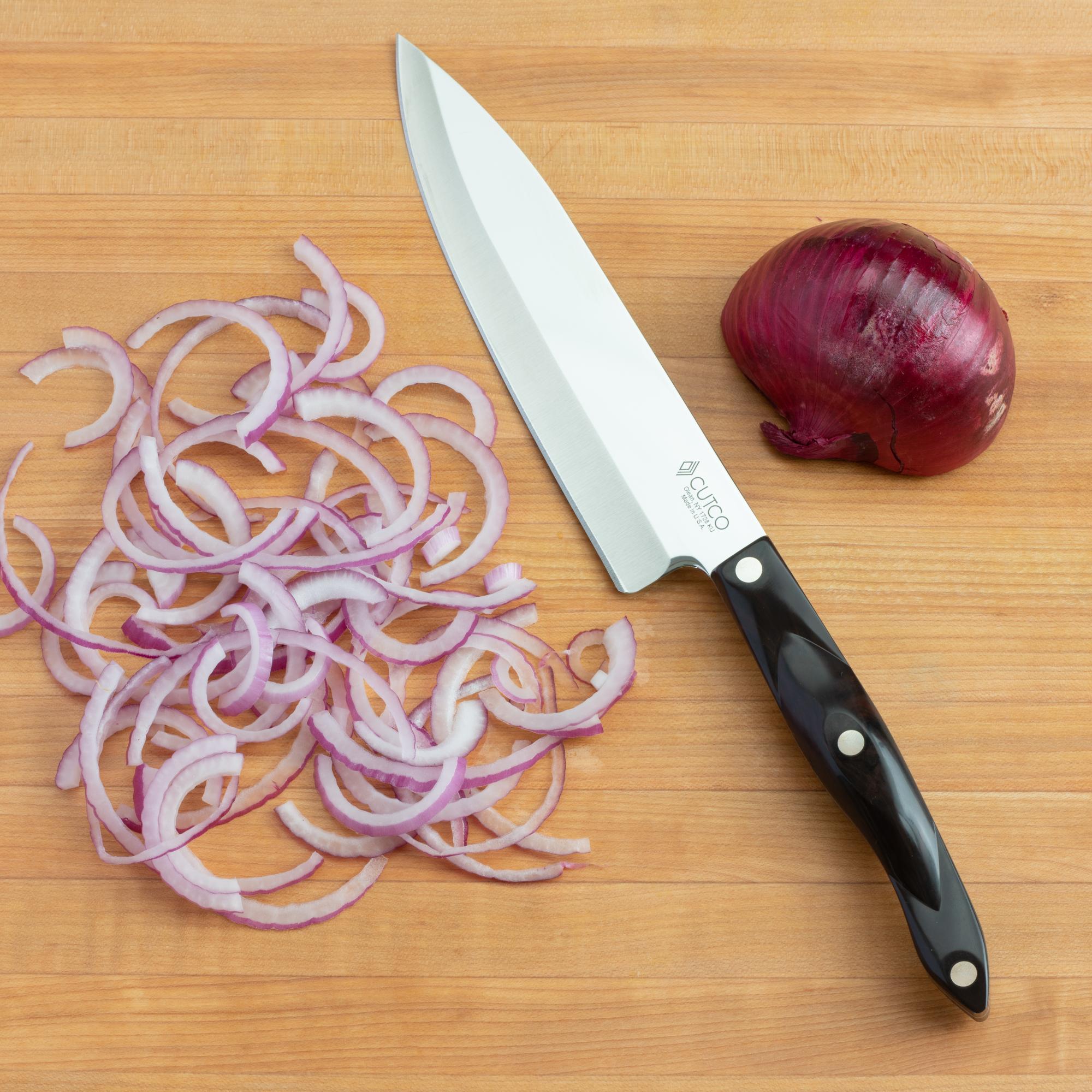 Using a Petite Chef to thinly slice onion.