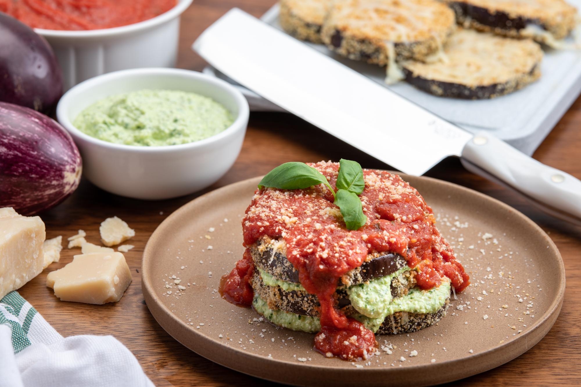 Baked Eggplant Parmigiano Stacks With Basil Spinach Cream