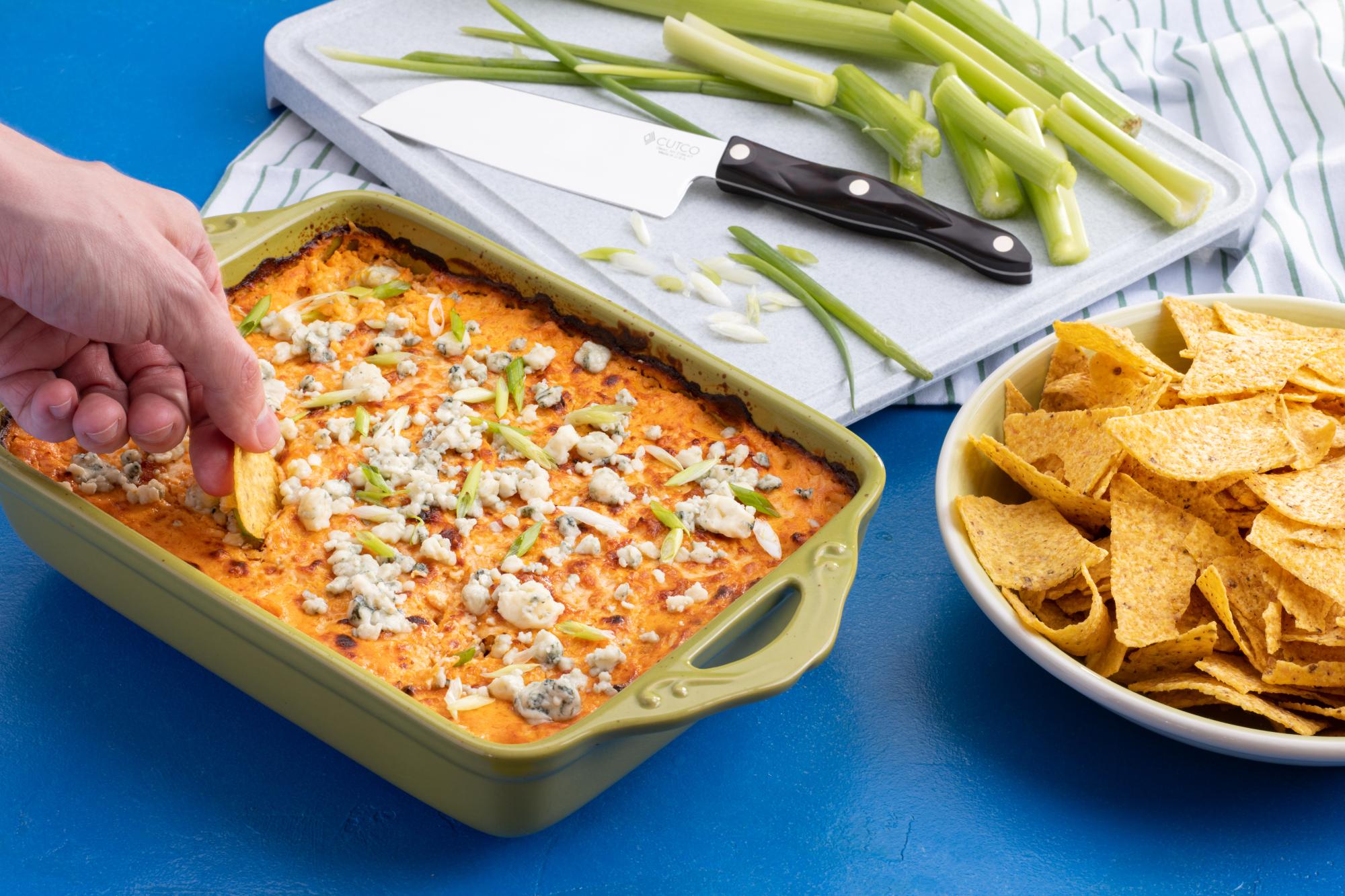 Game day food for Super Bowl, chips with buffalo chicken dip and