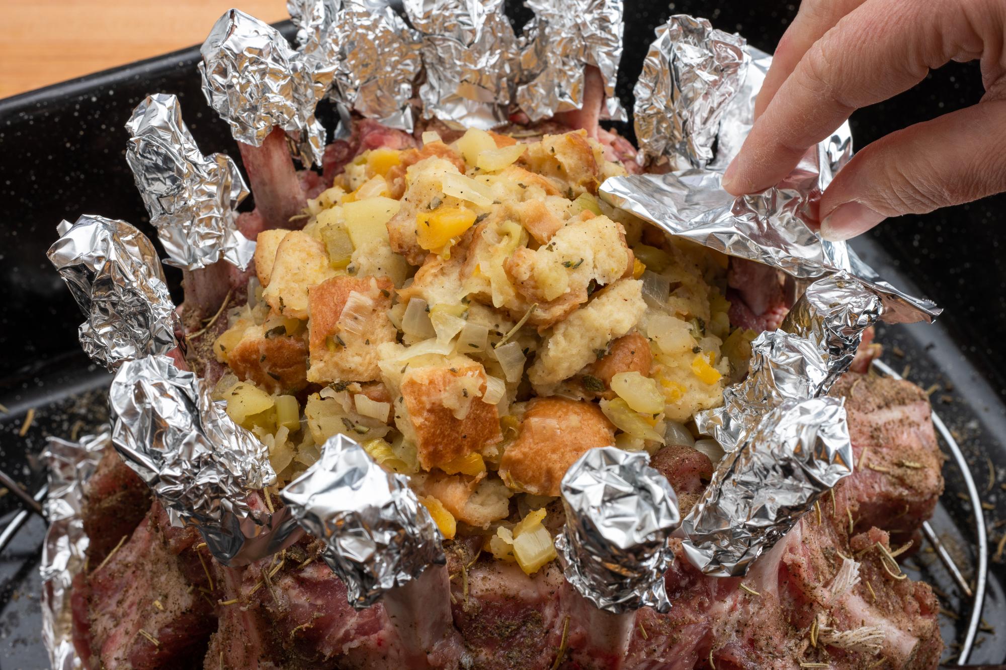 Foil wrapped crown roast tips.
