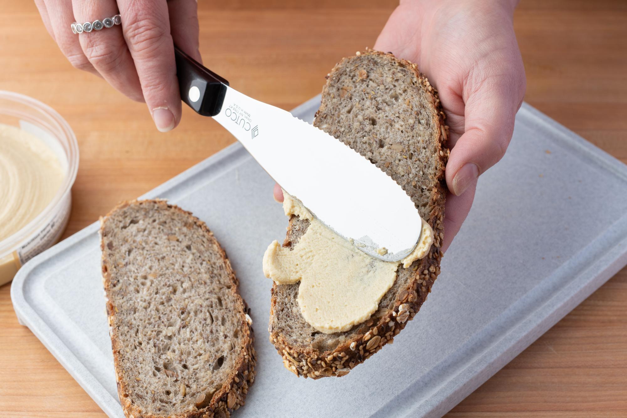 Spreading the chickpea spread with a Spatula Spreader.