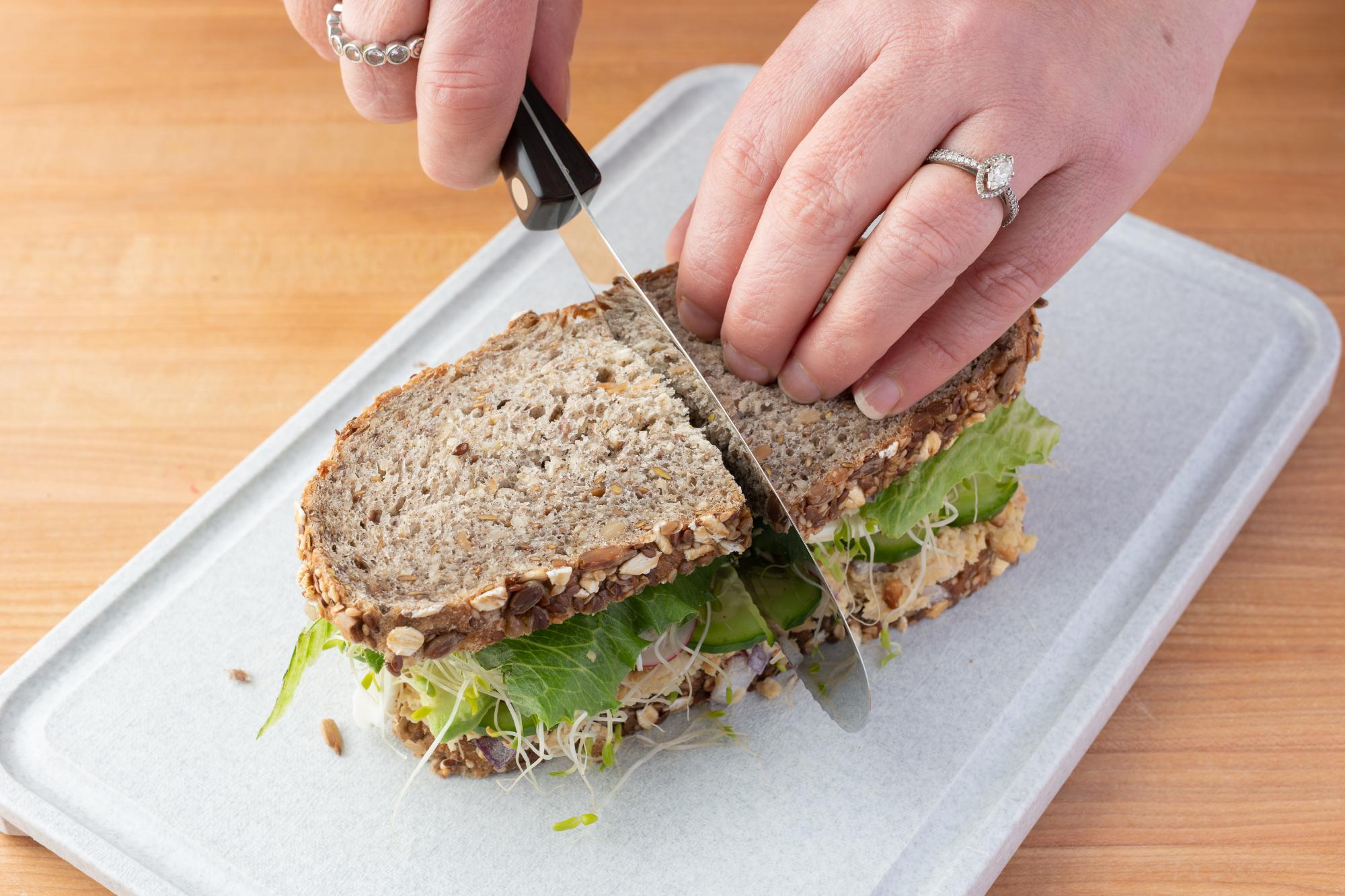 Cutting the sandwich in half with a Spatula Spreader.