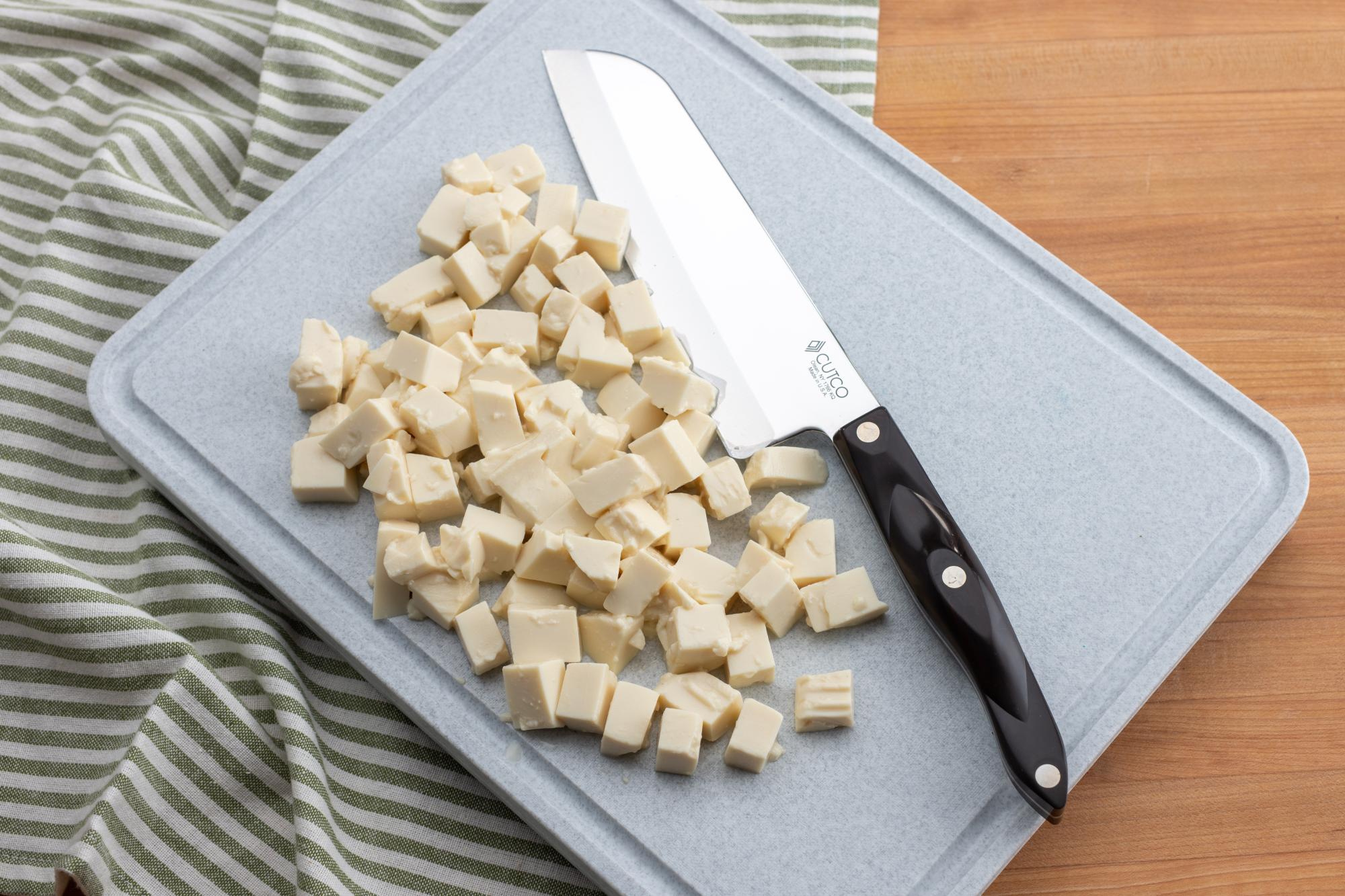 Cubed tofu with a Santoku