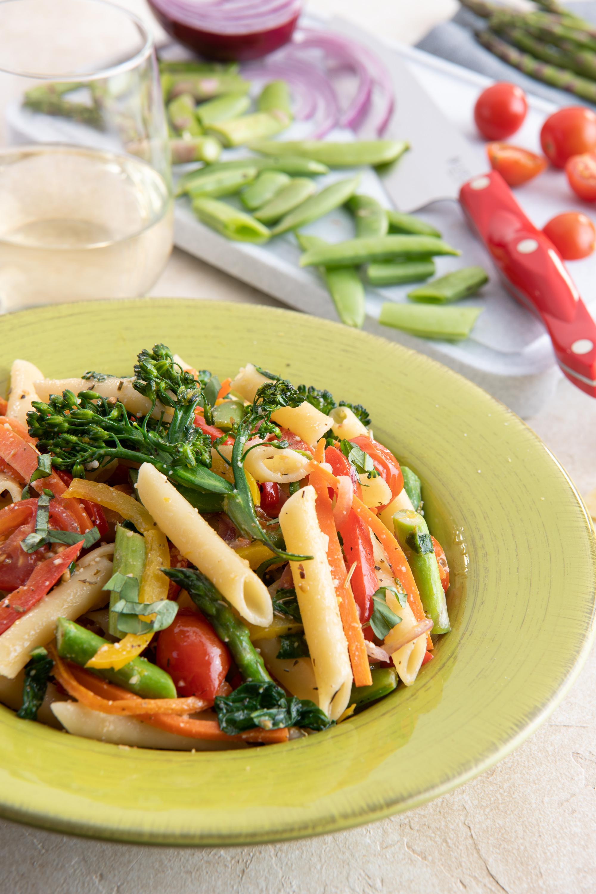 Pasta Primavera with Asparagus, Sugar Snap Peas and Spinach