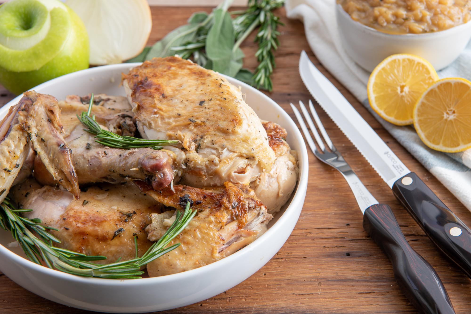 Roasted Chicken Under a Brick With Apple Rosemary Sauce