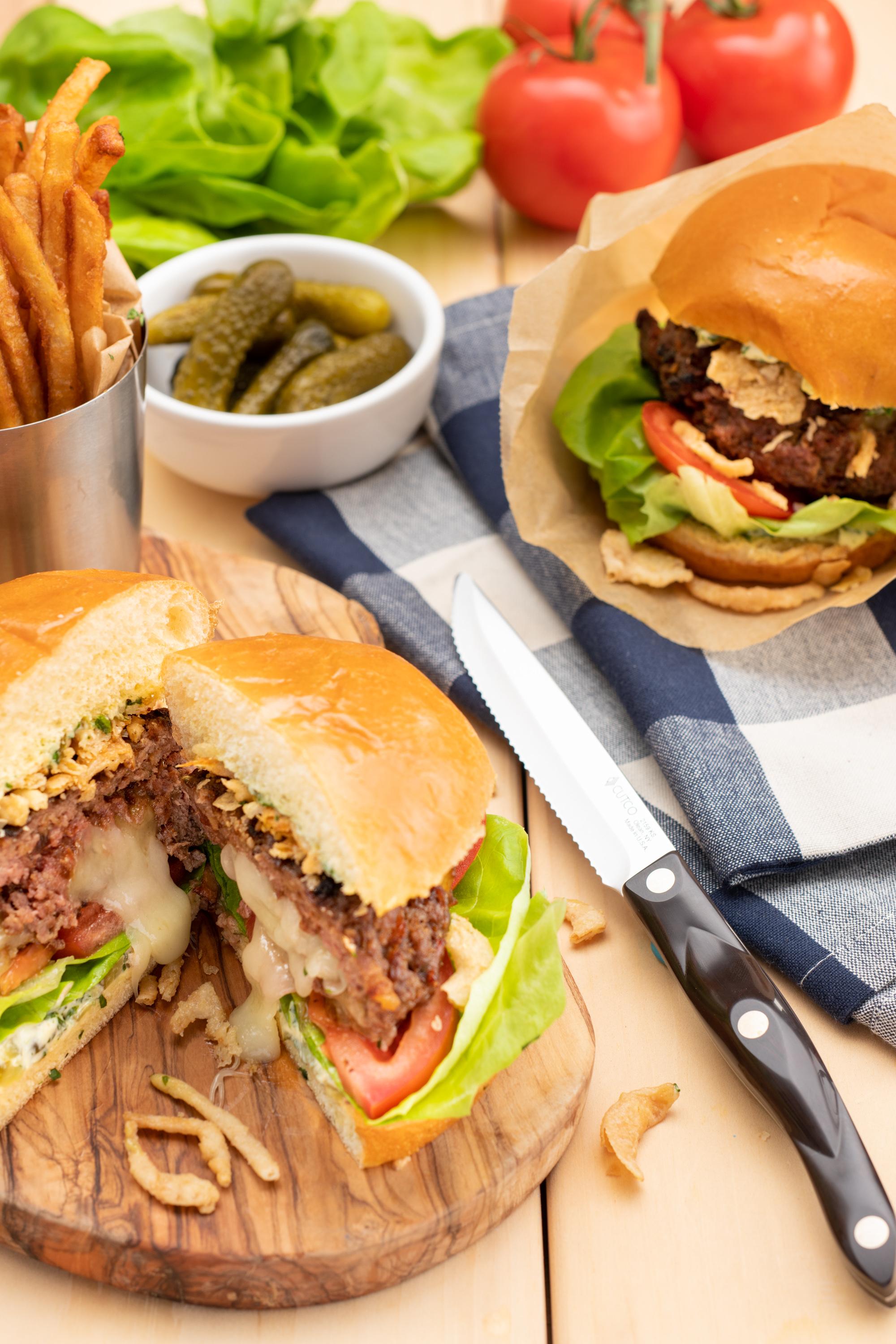 Grilled Burgers Stuffed With Gruyere And Havarti cheeses