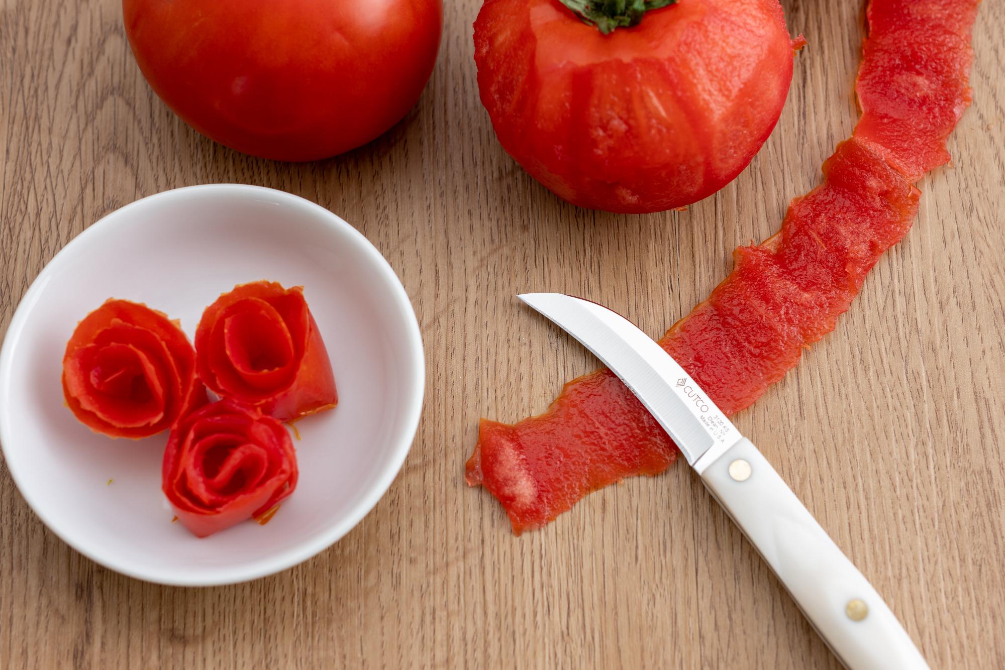 Tomato rose garnish.