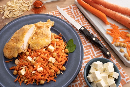 Baked Crispy Chicken With Carrot and Chickpea Salad
