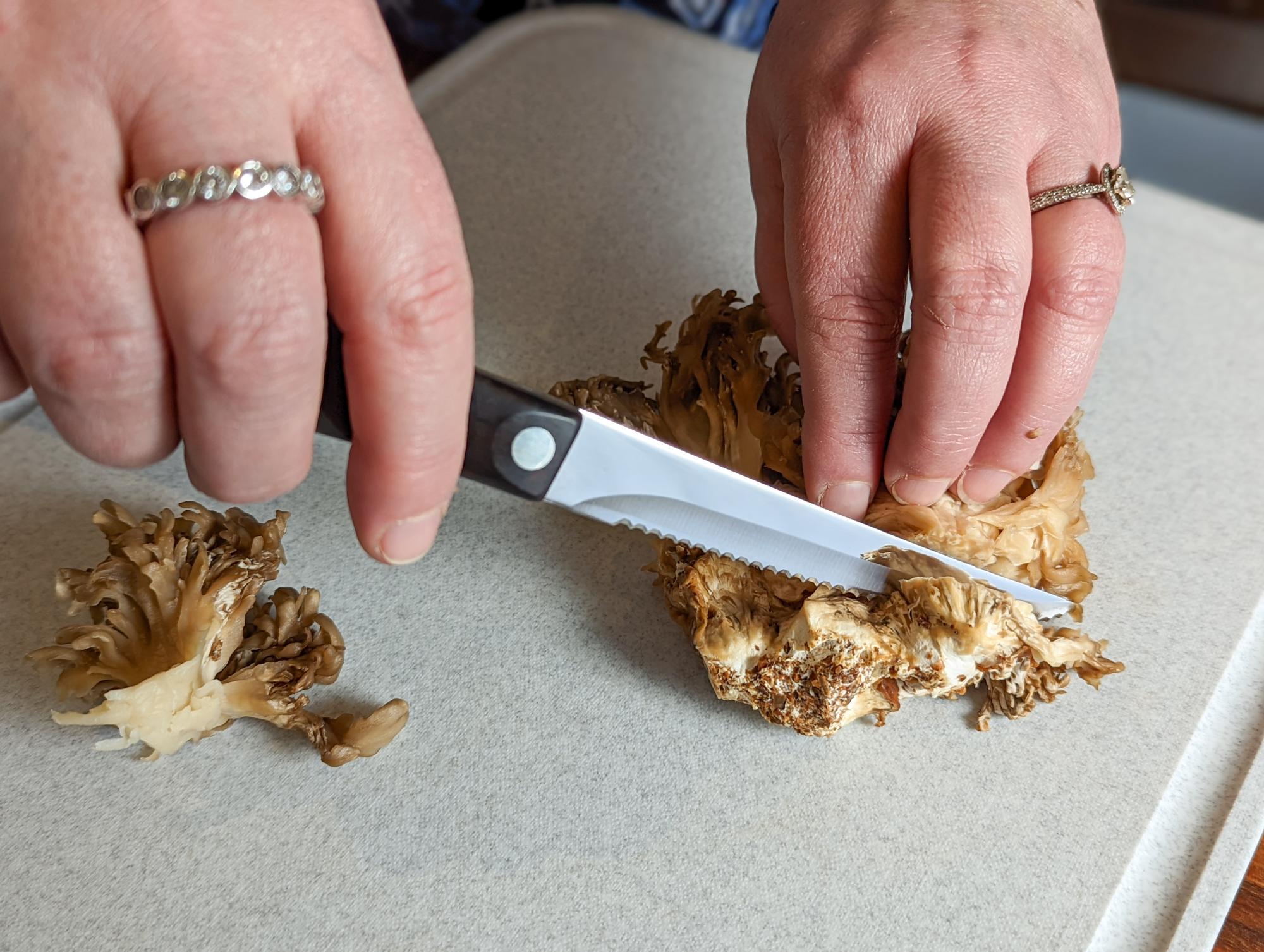 Slicing the mushrooms with a Trimmer.