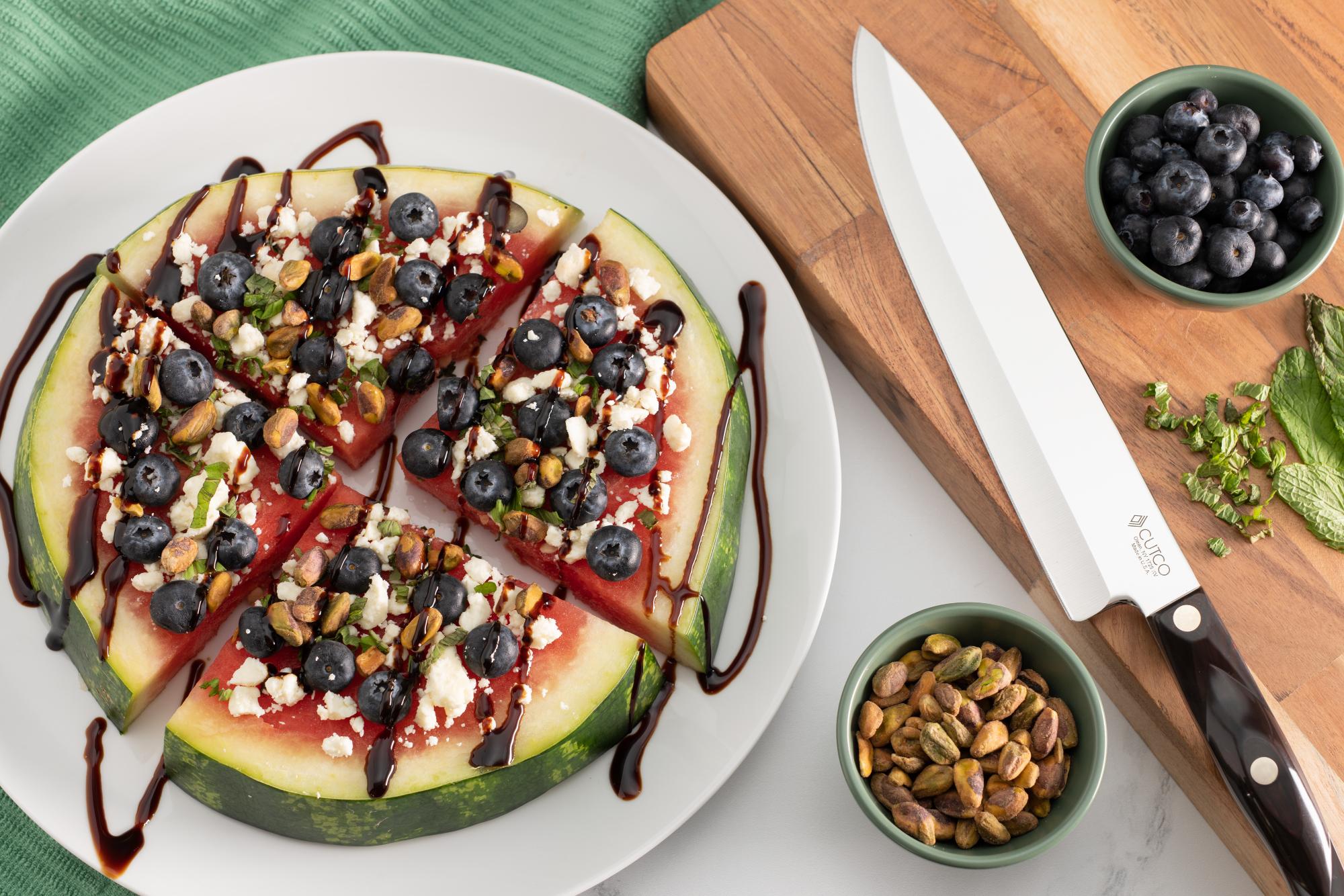 Watermelon Pizza With Blueberries, Feta, Mint and Balsamic