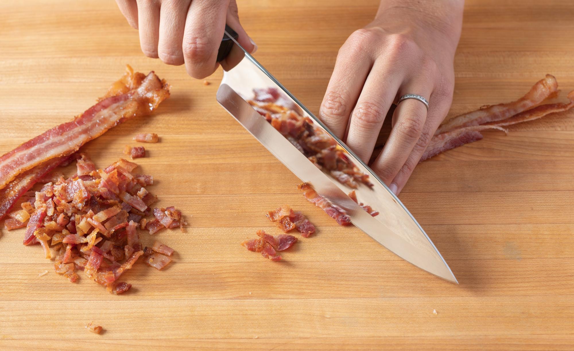 Chopping the bacon with a Petite Chef knife.