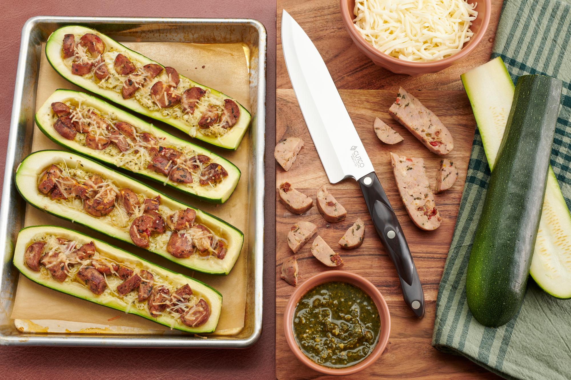 Pesto and Sausage Zucchini Boats