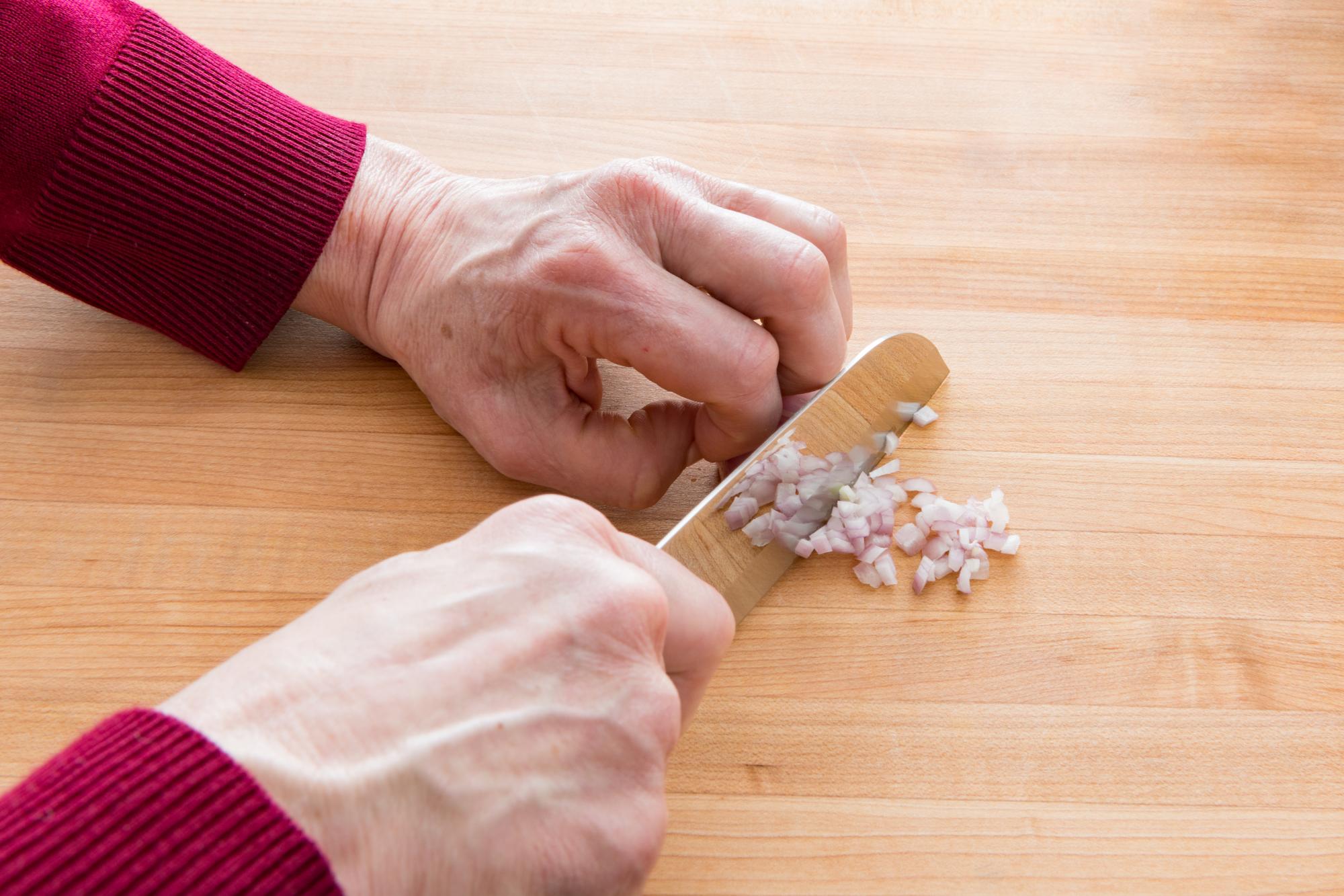 Mincing shallots with a Petite Santoku.