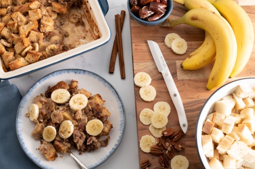 Banana Bread Pudding With Pecans and Caramel Sauce