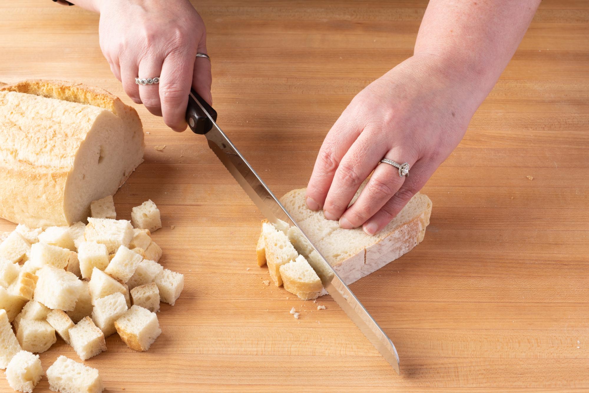 Santoku Slicer to cube the bread.