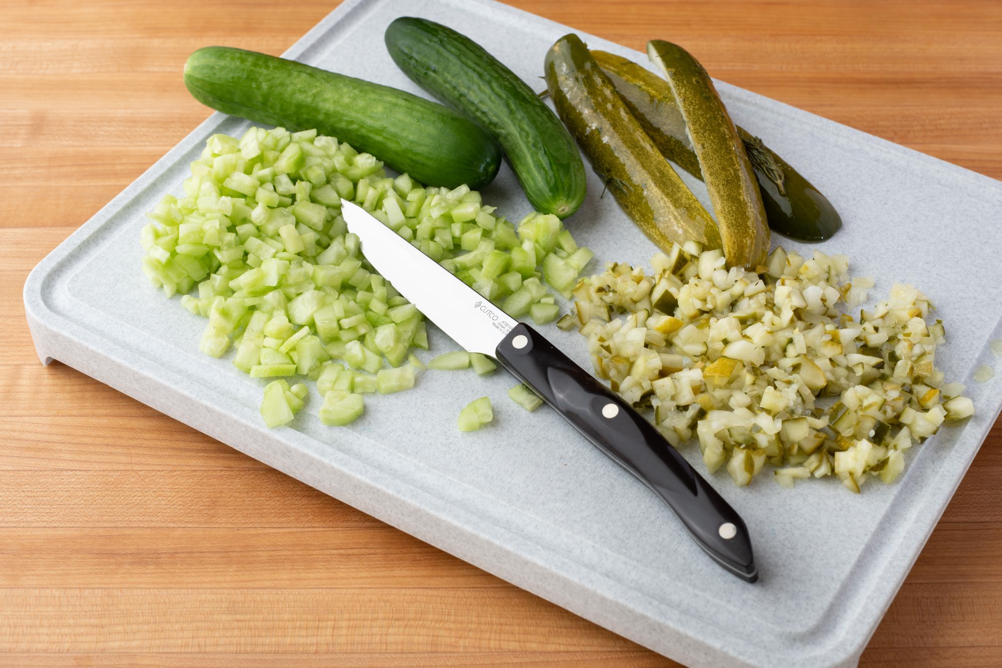 Diced pickle and cucumber with the 4 Inch Gourmet Paring Knife.