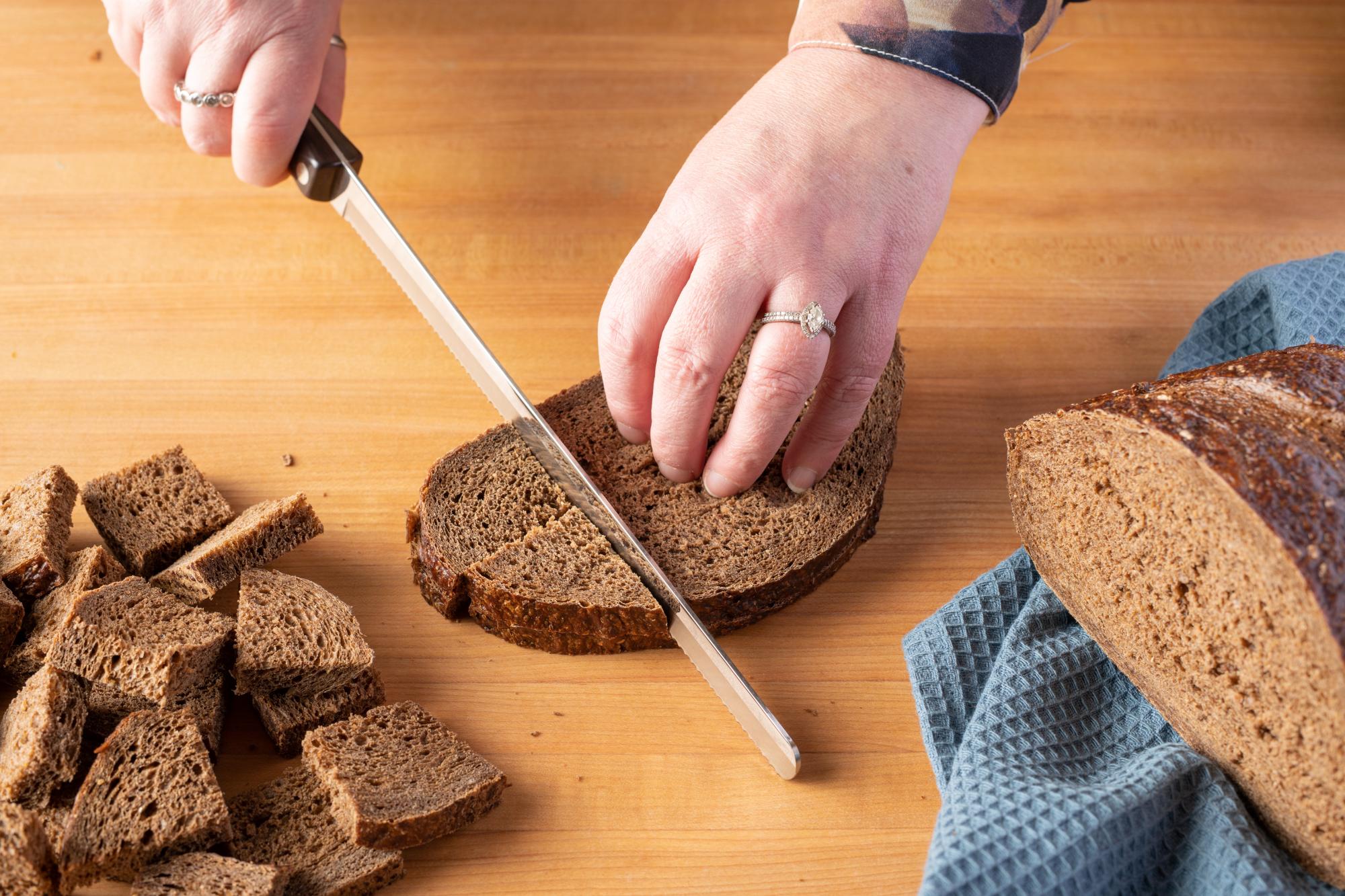 Cube the bread with a Slicer.