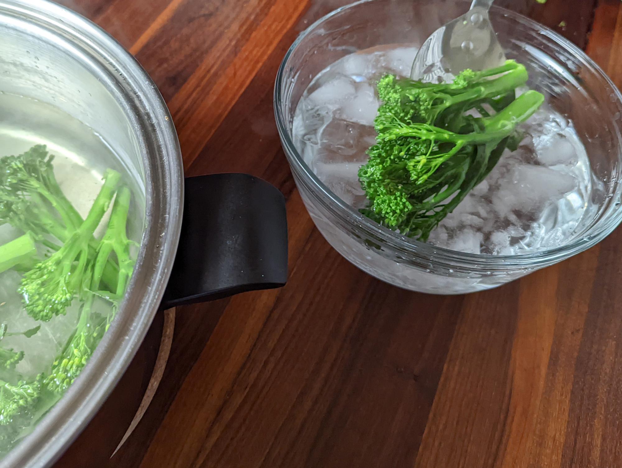 Blanching the broccolini.