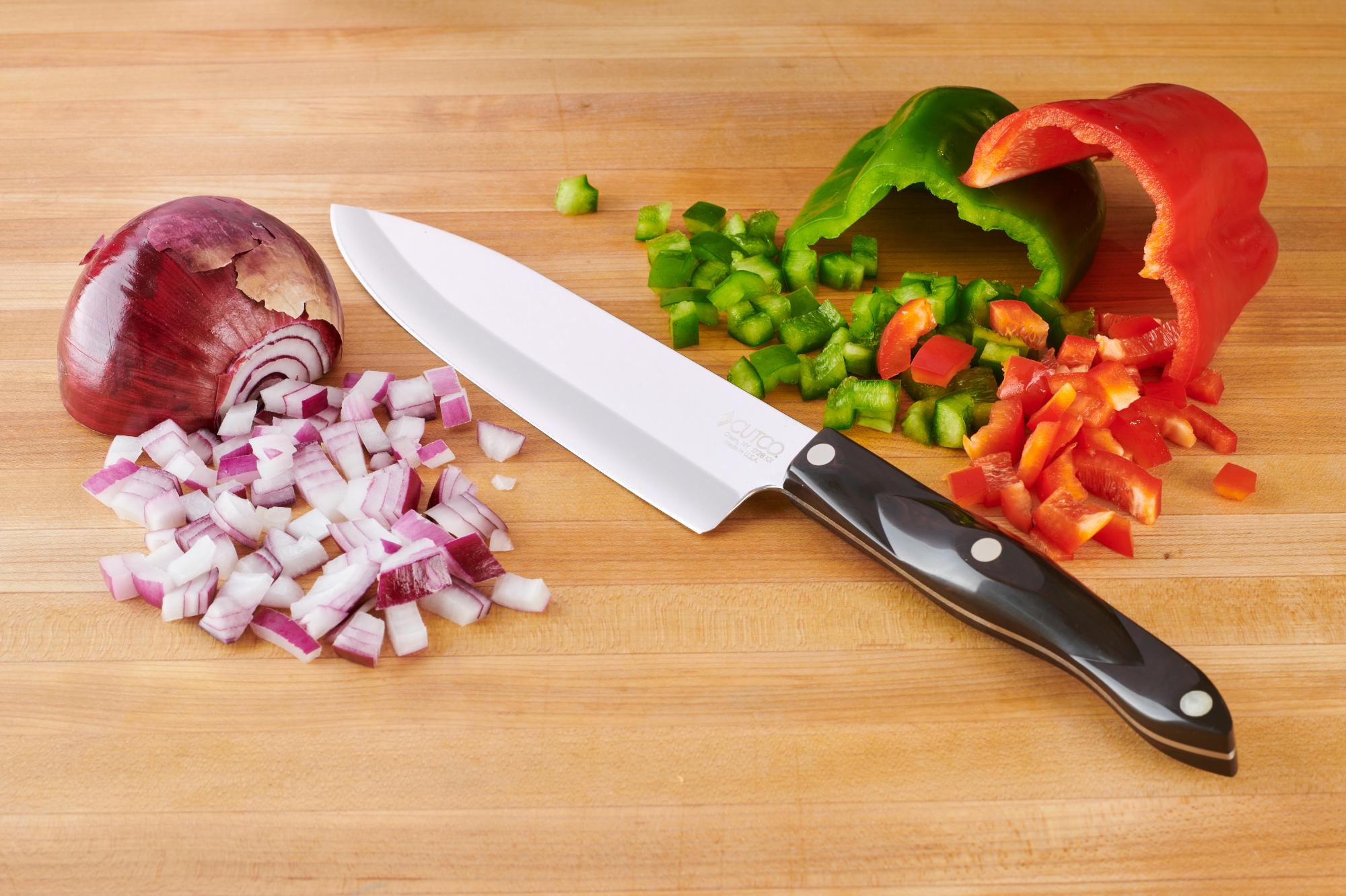 Diced red pepper, red onion and green pepper with a Petite Chef.