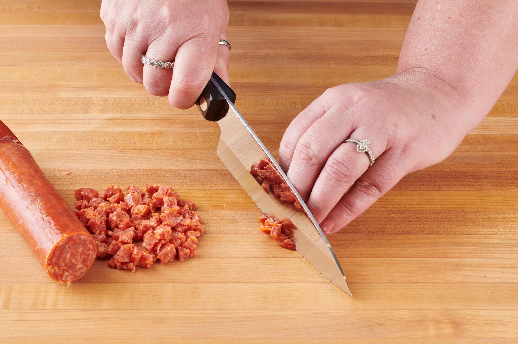 Dicing pepperoni with a Gourmet Prep Knife.
