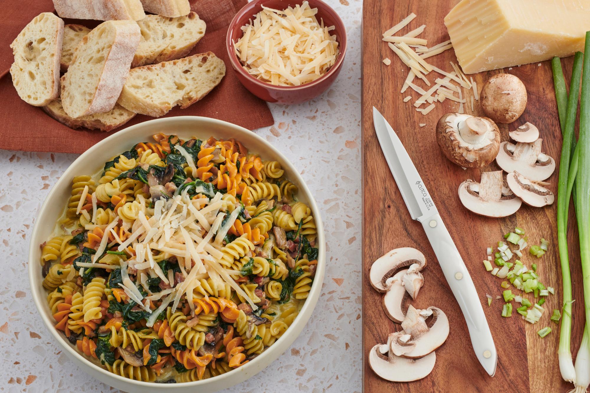 Rainbow Pasta With Pancetta, Spinach and Mushroom Cream Sauce