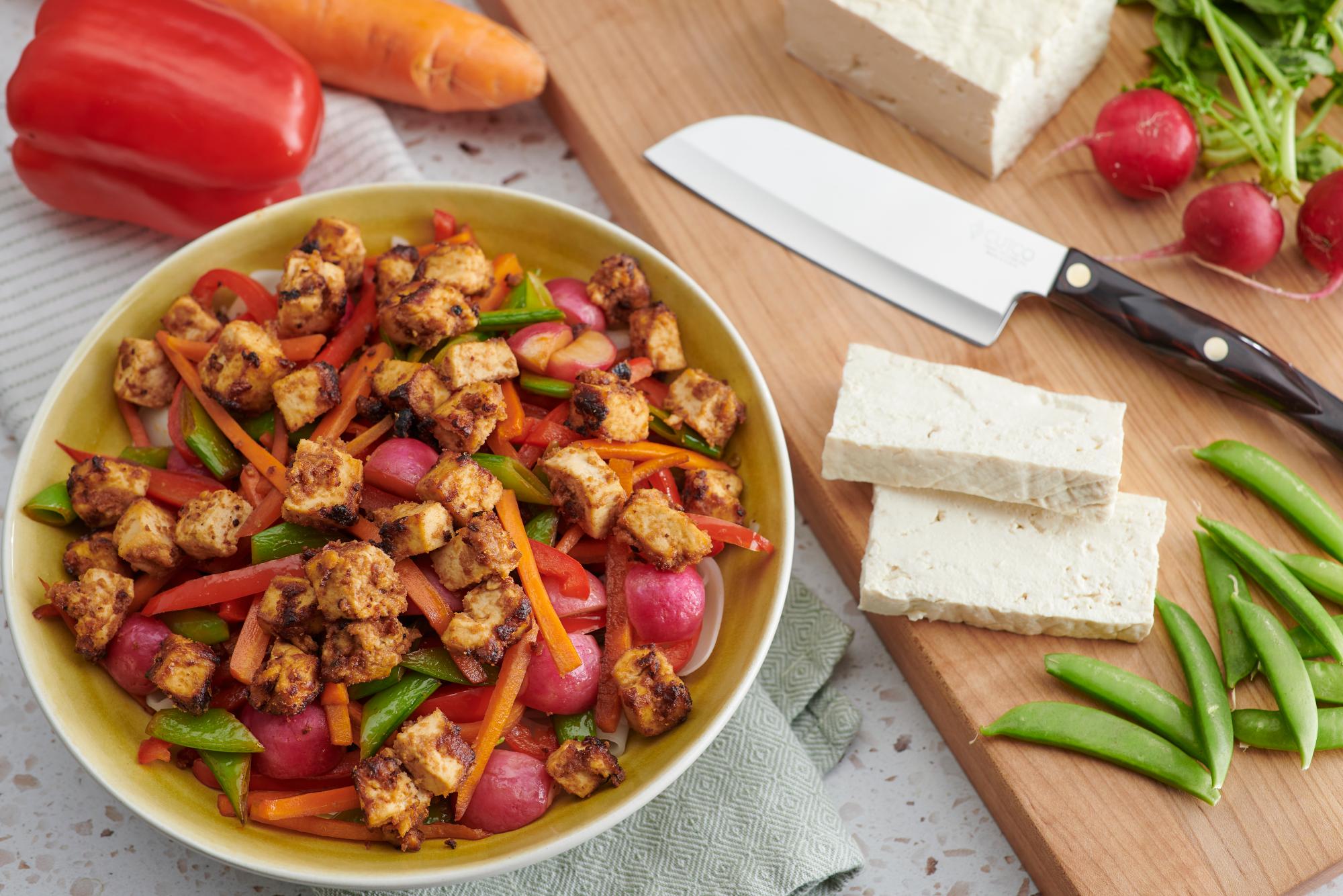 Air Fryer Peanut Tofu With Stir-Fried Vegetables