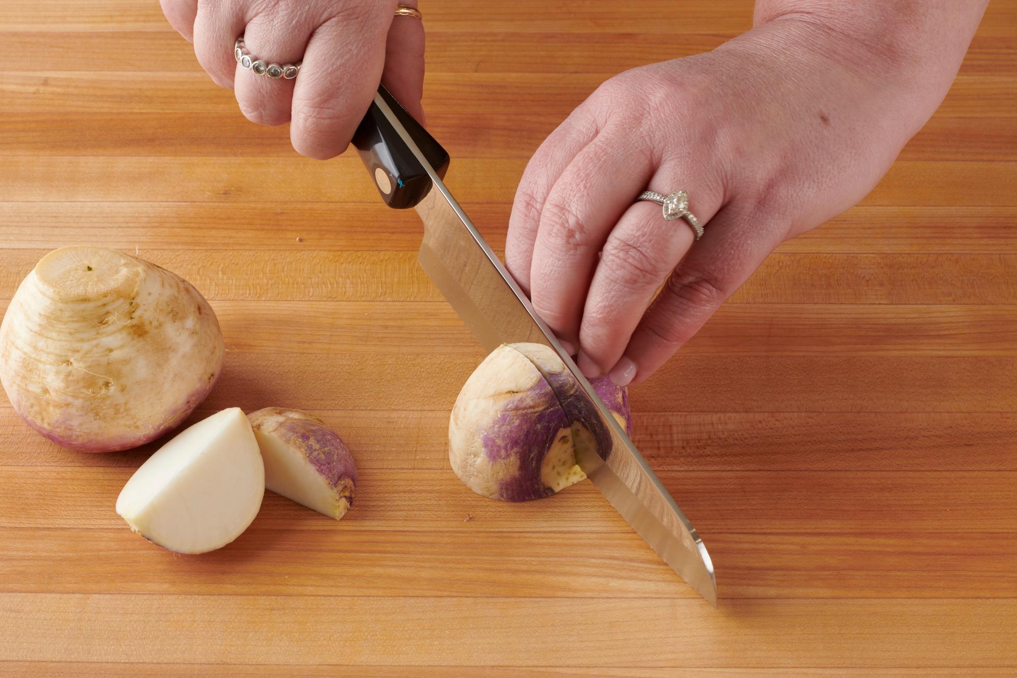 Quarter the turnips with a Hardy Slicer.