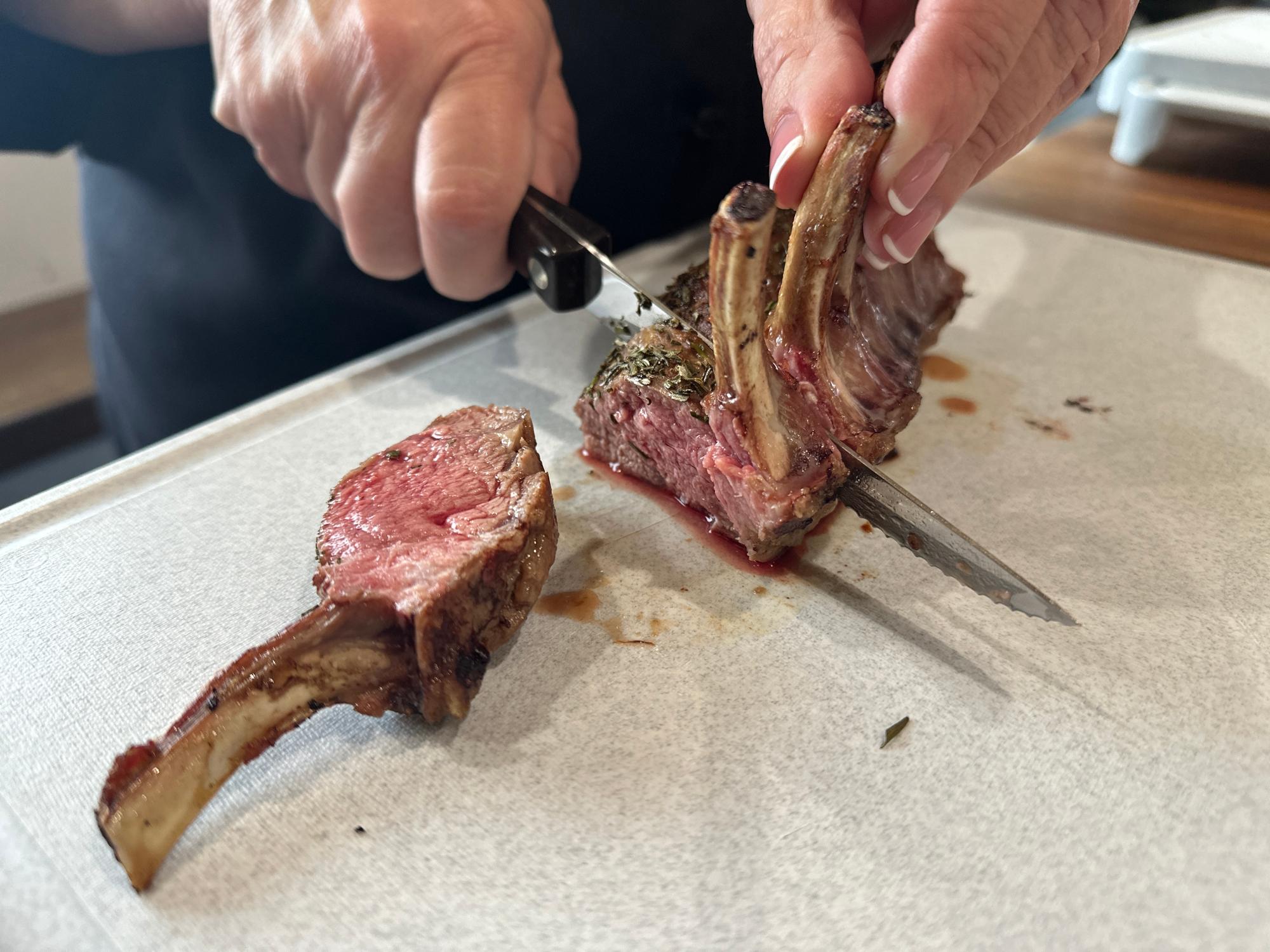 Slicing the lamb chops with a Trimmer.