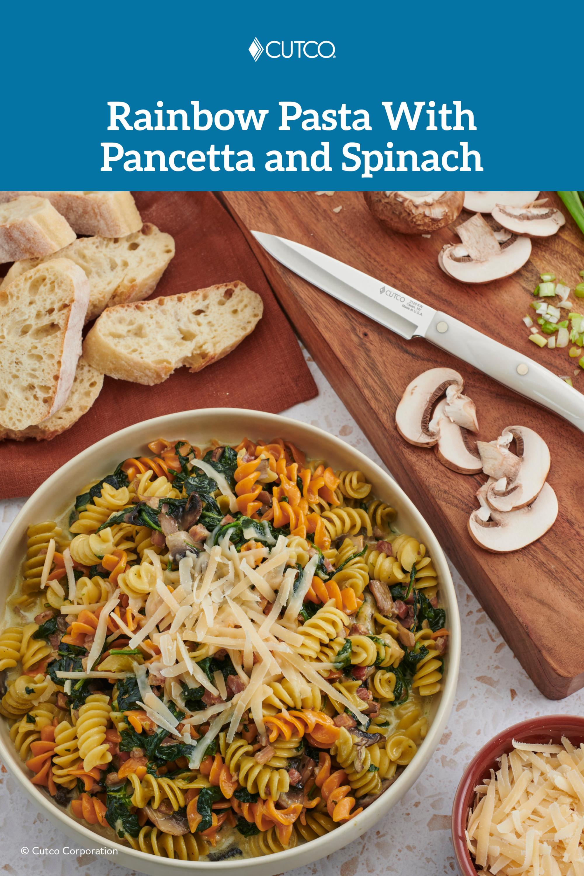 Rainbow Pasta With Pancetta, Spinach and Mushroom Cream Sauce