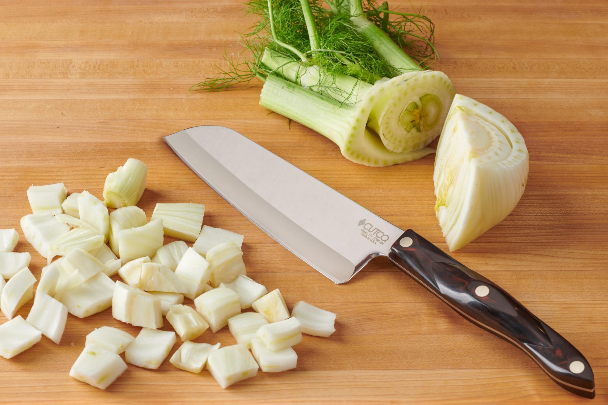 Chopped fennel with a Santoku.