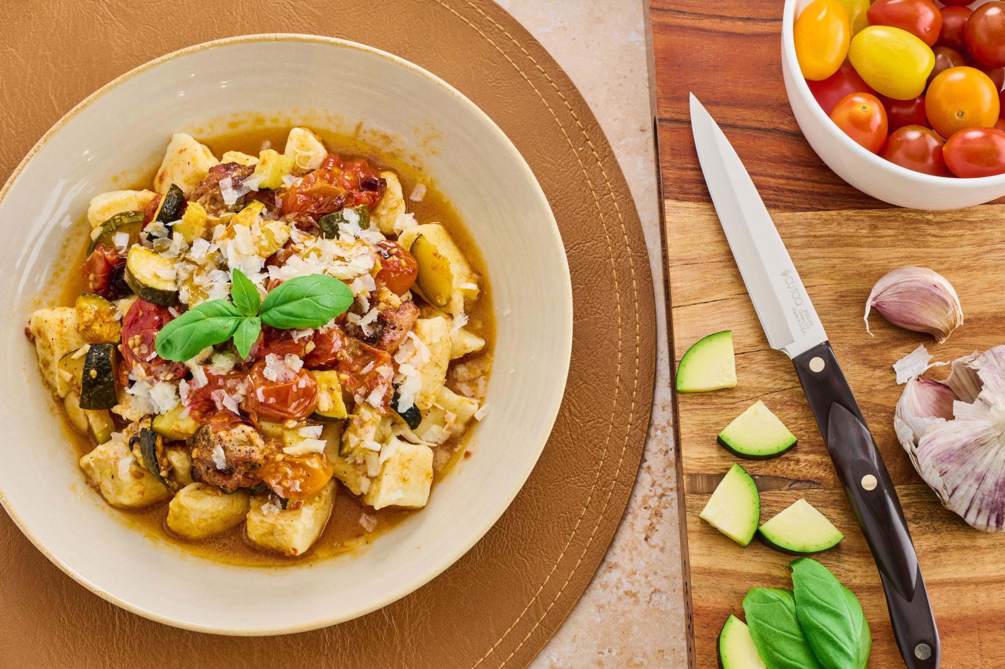 Homemade Malfatti Pasta With Roasted Vegetables and Chicken