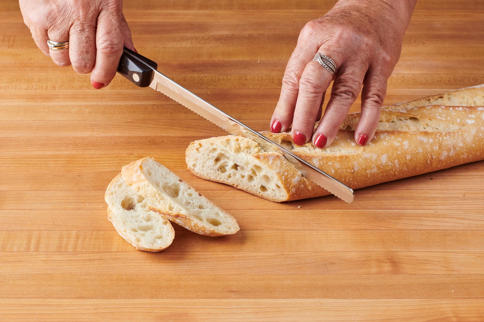 Slicing baguette with a Petite Slicer.